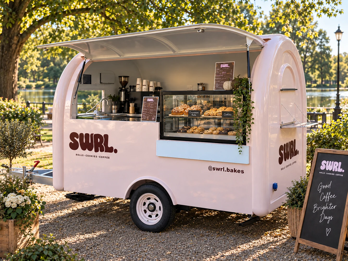 An angled view of the SWRL truck, with the serving hatch open and a Good Coffee Brighter Days sign beside it